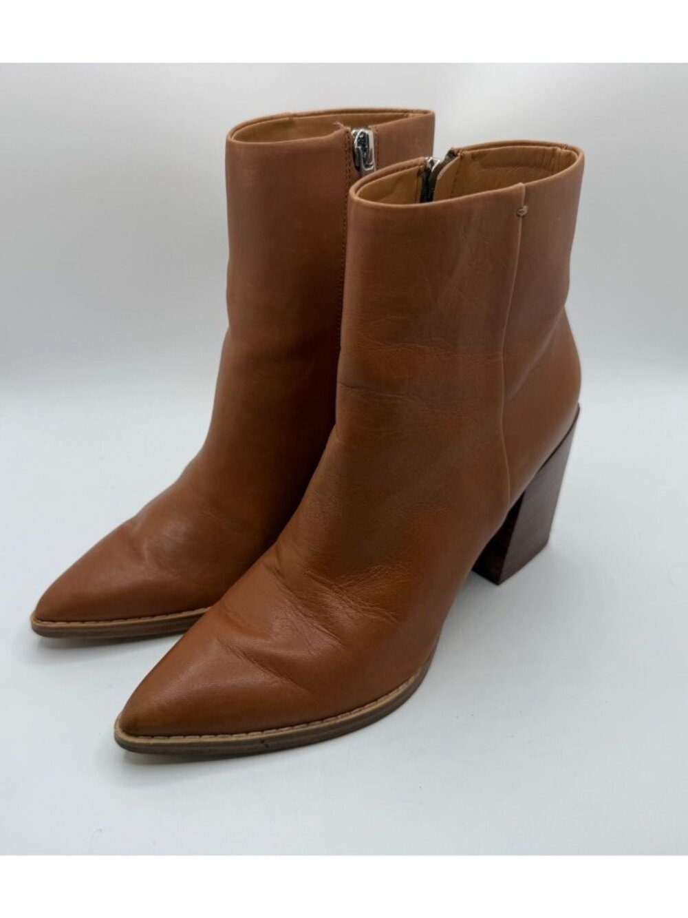 Nine West Ankle Boots Women Size 6.5M Cognac Brown Leather Block Heel Casual